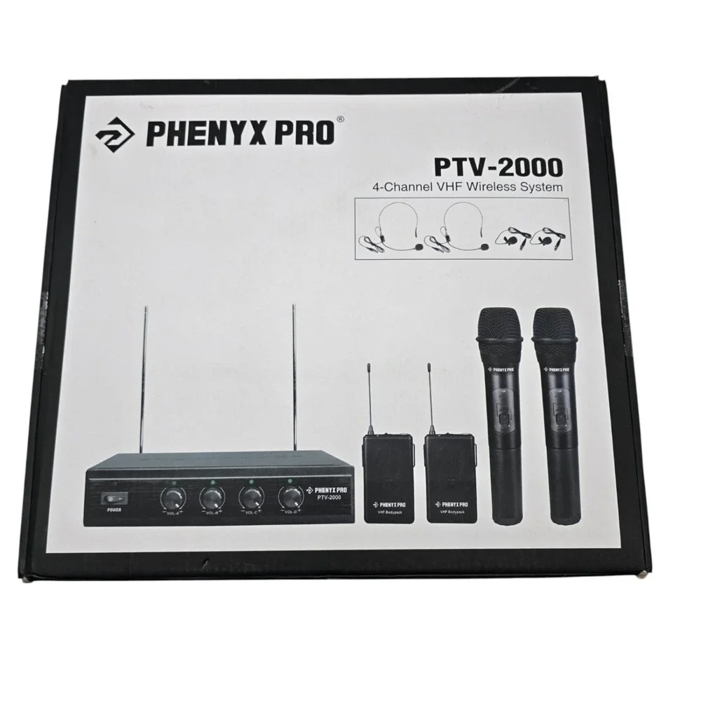 Phenyx Pro PTV-2000 4-Channel VHF Wireless Microphone System 2 Handhelds 2 Bodyp